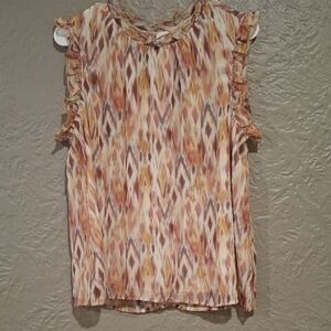 Roan+rijan Ruffled Sleeveless Blouse in Orange and Tan.